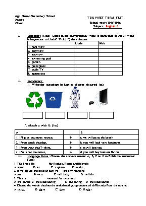 Bộ đề kiểm tra học kì I môn Tiếng Anh Lớp 6 - Năm học 2015-2016 - Trường THCS Ngô Quyền